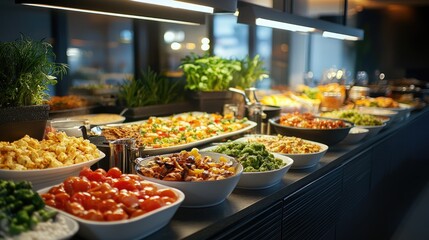 A buffet table with a variety of dishes. Perfect for showcasing the abundance of options at a restaurant or event.