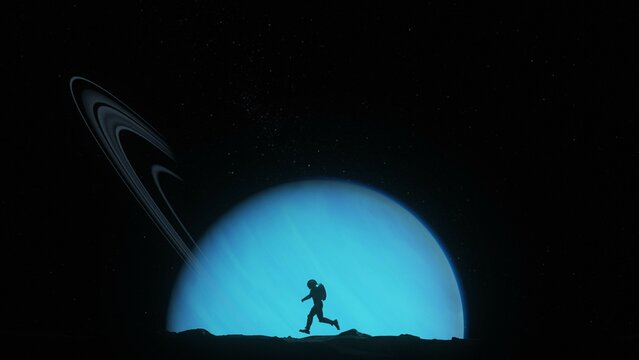 Running Astronaut Silhouetted by Rising Planet