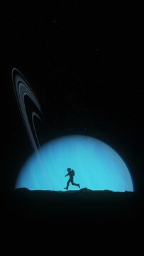 Running Astronaut Silhouetted by Rising Planet