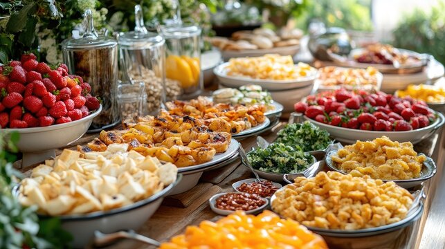 A table laden with various food options. Perfect for depicting a catering service or a buffet meal at a gathering.