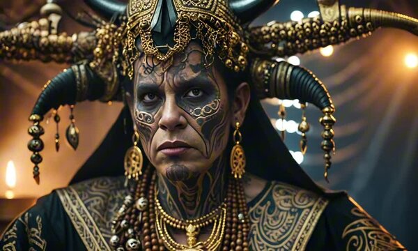 demonic angry evil looking shaman with tattoos dressed in intricately patterned robes with skulls and bones, gold necklaces, headdress and earrings