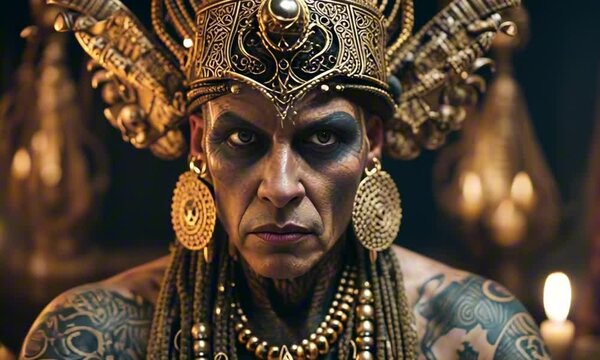 demonic angry evil looking shaman with tattoos dressed in intricately patterned robes with skulls and bones, gold necklaces, headdress and earrings