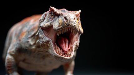 The dynamic capture of a roaring dinosaur, featuring its open mouth and sharp teeth under studio lighting, reflecting grandeur and prehistoric ferocity.