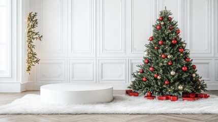 A decorated Christmas tree with red and gold ornaments stands in a white room with white paneling and a white platform. The tree is surrounded by red gift boxes on a white shag rug.