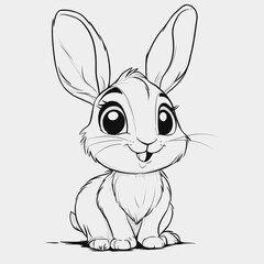 Fototapeta premium Cute Cartoon Rabbit Character in Black and White Outline, Playful Expression with Big Eyes, Ideal for Children's Books, Illustrations, and Fun Designs