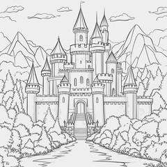 Naklejka premium Enchanting Black and White Castle Surrounded by Lush Forest and Majestic Mountains, Perfect for Creative Coloring and Imaginative Artwork Projects