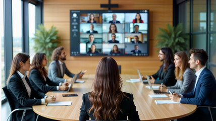 A diverse group of professionals in a conference room engaged in a virtual meeting, with a large screen displaying remote participants. For themes of collaboration, remote work, and corporate culture