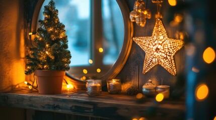 Fototapeta premium Cozy winter decorations with a Christmas tree and twinkling lights