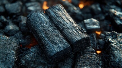 Fototapeta premium Close-up of two smoldering charcoal logs in a bed of hot coals.