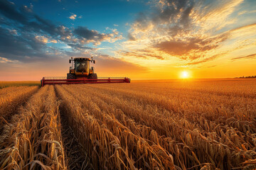 Naklejka premium Combine harvester traverses a golden wheat field at sunset, highlighting the rich colors of agriculture and the beauty of a rural landscape under a vibrant sky.