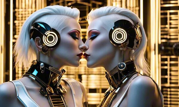 two beautiful white black and gold anodized titanium artdeco punk robots with white hair and ivory porcelain facial features kissing