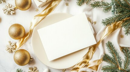 A blank white card is placed on a light brown plate. The card is centered on the plate and takes up...