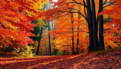 A kaleidoscope of warm colors explodes across a lush forest landscape, as vibrant autumn leaves cascade down from towering trees, their golden hues.