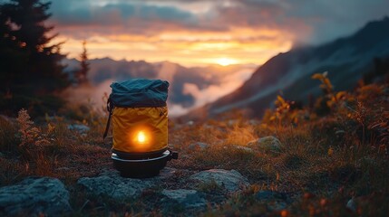 Backpack illuminated by sunset in a mountainous landscape.