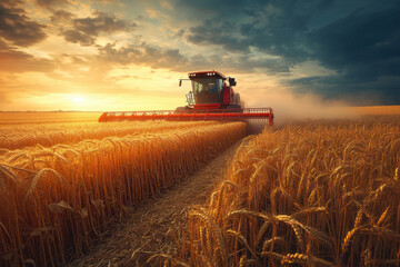 Obraz premium A combine harvester cutting golden wheat fields under a dramatic sunset sky, showcasing agricultural life and the beauty of rural landscapes.
