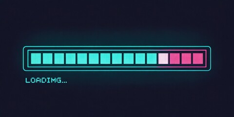 Glowing Pixelated Bar A chunky pixelated progress bar glows softly in hues of teal and pink moving at a leisurely pace across a dark background evoking memories of waiting for