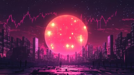 Obraz premium Neon city skyline with a giant glowing orb and digital stock market chart in the background.