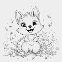 Obraz premium Adorable Hand-Drawn Cartoon Fox Character Surrounded by Nature, Smiling Joyfully Amidst Leafy Greens and Playful Butterflies in a Charming Scene
