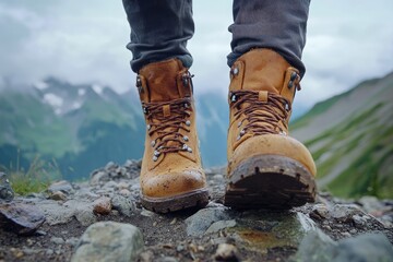 Close-up of hiking boots on mountain. This image is perfect for showcasing the ruggedness and durability of outdoor footwear.