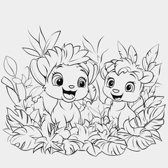 Obraz premium Cute Cartoon Lion Characters Surrounded by Lush Foliage and Tropical Plants, Perfect for Children's Book Illustrations and Fun Coloring Pages