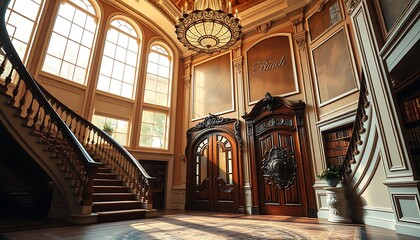 Fototapeta premium A majestic, high-ceilinged foyer with a sweeping staircase, grand chandelier, and large windows bathing the space in warm, golden light. 