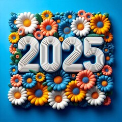 2025 new year with flowers on blue background