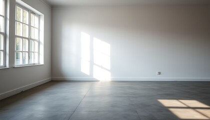 Obraz premium A minimalist, empty room with a large window on one side, letting in a soft, natural light that casts a subtle glow on the cold, grey concrete floor.