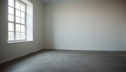 A minimalist, empty room with a large window on one side, letting in a soft, natural light that casts a subtle glow on the cold, grey concrete floor.