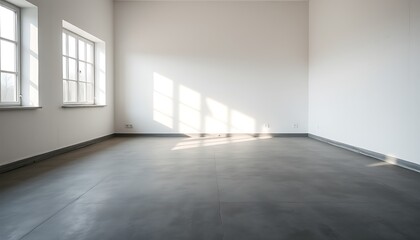 Fototapeta premium A minimalist, empty room with a large window on one side, letting in a soft, natural light that casts a subtle glow on the cold, grey concrete floor.
