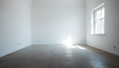 A minimalist, empty room with a large window on one side, letting in a soft, natural light that casts a subtle glow on the cold, grey concrete floor.