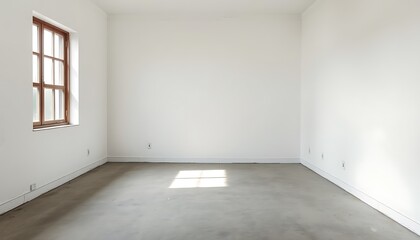 Fototapeta premium A minimalist, empty room with a large window on one side, letting in a soft, natural light that casts a subtle glow on the cold, grey concrete floor.
