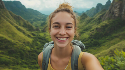 Naklejka premium Smiling woman taking a selfie during mountain hike in lush green valley, symbolizing adventure, nature exploration, and joy, perfect for themes of travel, outdoor activities, and healthy lifestyle