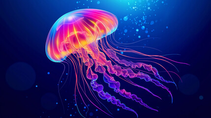 Glowing bioluminescent jellyfish floating in dark underwater ocean, representing mystery, beauty, and tranquility of marine life, ideal for themes of ocean exploration, aquatic creatures