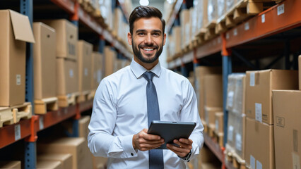 Fototapeta premium a smiling man in a white shirt and tie holding a tablet in a warehouse