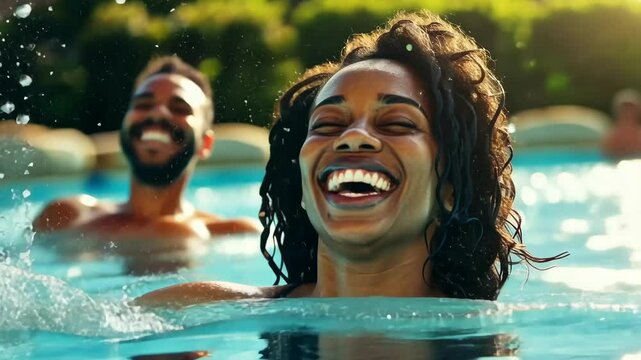 Radiant African American couple sharing a joyful moment in the sparkling pool waters