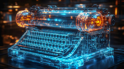 An old typewriter glowing with a futuristic aura, blending vintage design with modern neon-like blue and orange lighting, creating a surreal and artistic representation of technology across eras.
