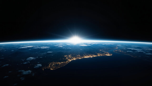 a stunning view of the earth from space at night, illuminated by bright light from above
