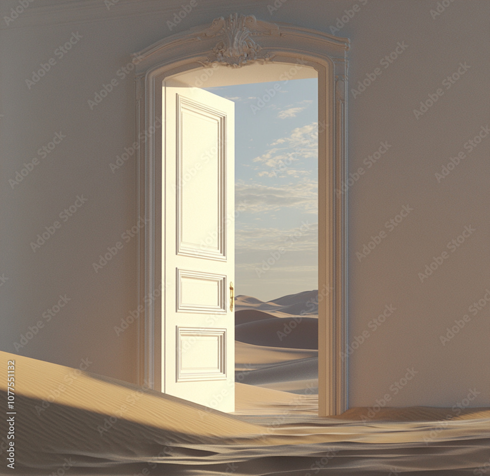 Poster door is open in a room with a sandy floor