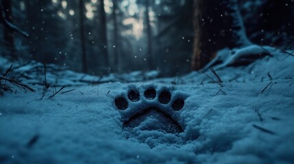 A large bear paw print in the snow in a dark forest with snow falling.