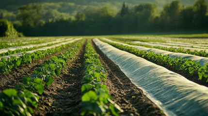 Early spring in Germany: A potato field is covered with plastic film. This helps protect the potato plants from frost and allows them to grow earlier.