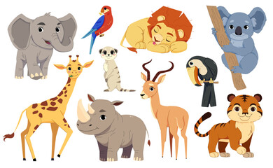 Vector illustration set featuring cute cartoon safari animals, including an elephant, lion, giraffe, rhino, koala, and more. Ideal for childrens designs, educational materials, and animal-themed decor