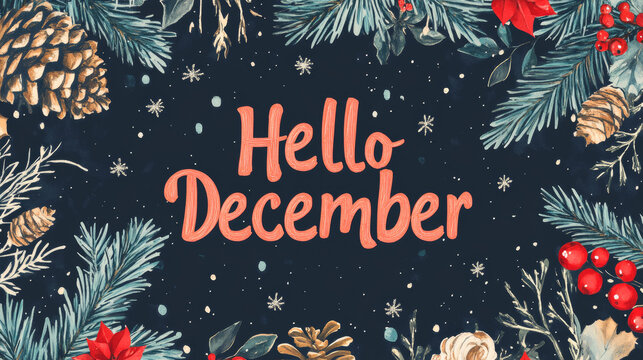 December is here, bringing winter and holiday cheer. This festive background is perfect for celebrating the season "Hello December".