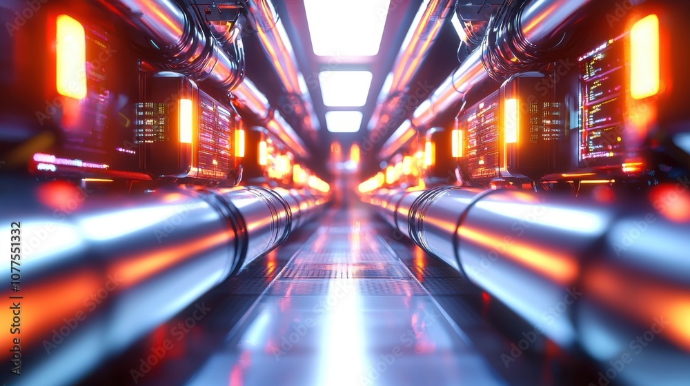 Poster Wide View of a Futuristic Data Center Featuring Advanced Network Pipelines and Illuminated Technology for High-Tech Infrastructure Analysis