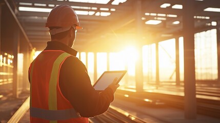 Fototapeta premium Engineer in Safety Gear Using Tablet to Observe Construction Site of Steel Beam in Sunset, Capturing Progress and Planning for Future Structural Developments
