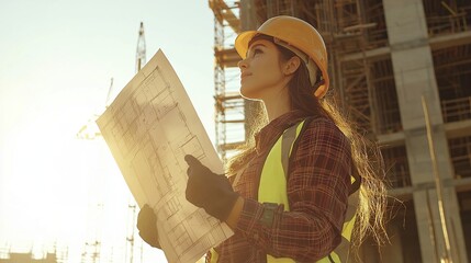 Young civil engineer reviewing architectural plans on a construction site, showcasing dedication and professionalism in building development under the setting sun.