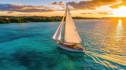 Fototapeta premium Tranquil Sailing Adventure on a Yacht Gliding Through Crystal Clear Turquoise Waters at Sunset near an Island Oasis