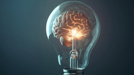 light bulb with human brain inside, emitting rays of light, innovative thinking concept generative ai