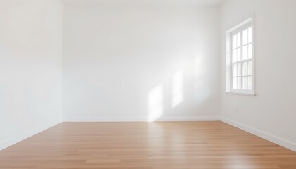 Obraz premium A serene, minimalist space with a blank white wall, polished hardwood floor, and a single, unadorned window, bathed in soft, diffused light.