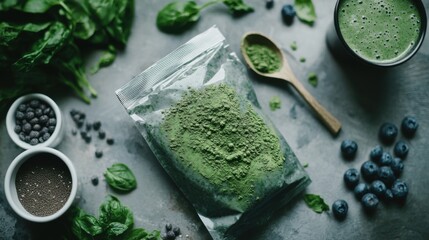 Obraz premium Green Superfood Powder in a Bag with Scoop Surrounded by Ingredients for Smoothie Including Spinach, Blueberries, Chia Seeds and Fresh Mint on a Rustic Surface