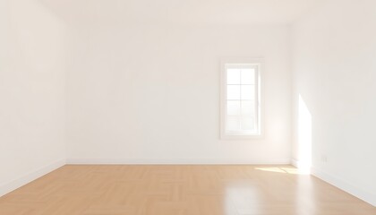 A serene, minimalist space with a blank white wall, polished hardwood floor, and a single, unadorned window, bathed in soft, diffused light.